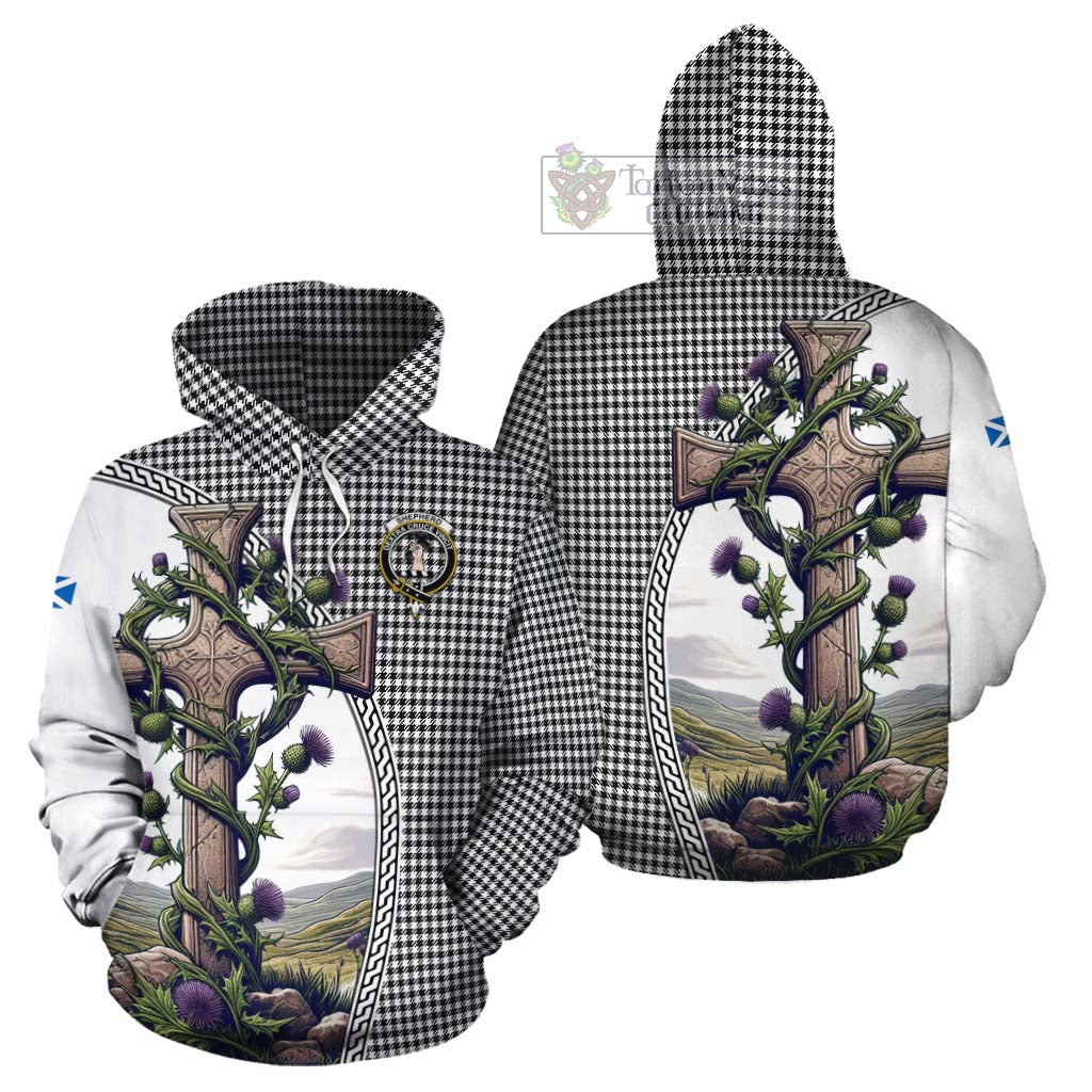 Tartan Vibes Clothing Shepherd Tartan Cotton Hoodie with Family Crest and St. Andrew's Cross Accented by Thistle Vines