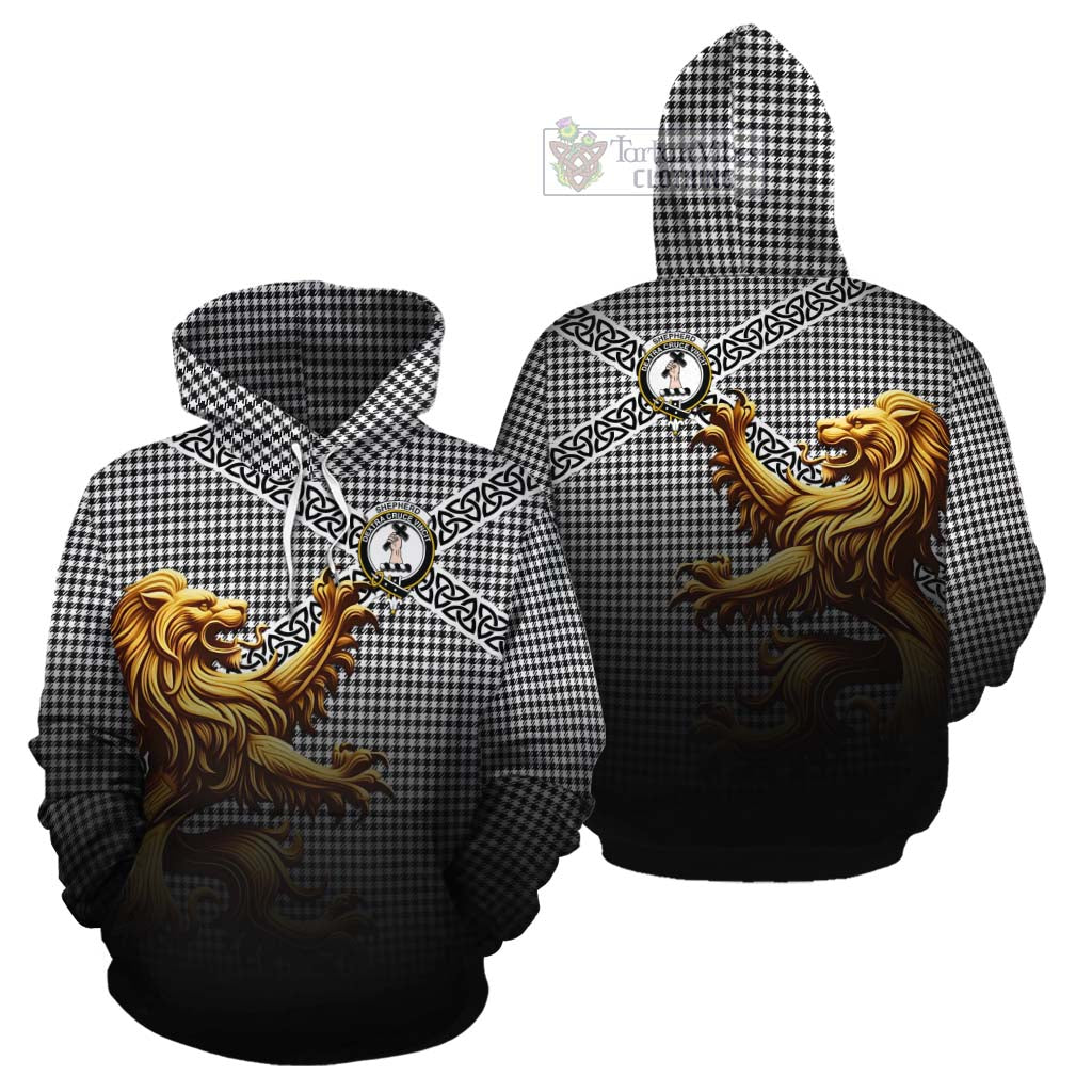 Tartan Vibes Clothing Shepherd Crest Tartan Cotton Hoodie with Golden Lion Emblem Celtic Style