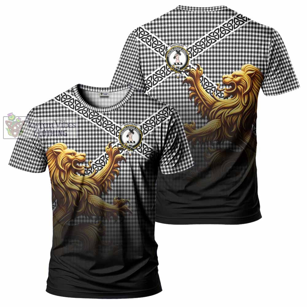 Tartan Vibes Clothing Shepherd Crest Tartan T-Shirt with Golden Lion Emblem Celtic Style