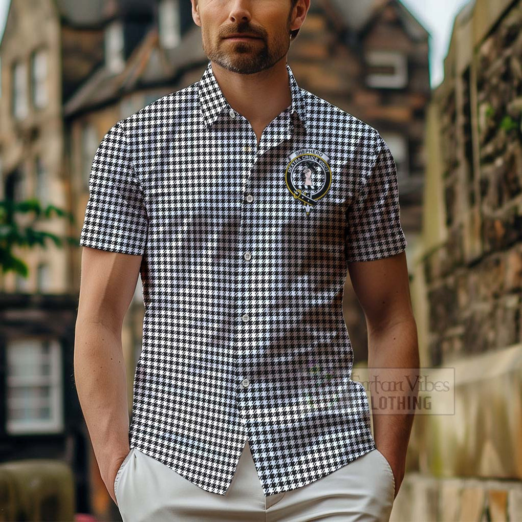 Tartan Vibes Clothing Shepherd Tartan Short Sleeve Button Shirt with Family Crest Celtic Skull Style