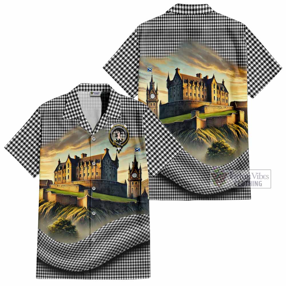 Tartan Vibes Clothing Shepherd Tartan Family Crest Short Sleeve Button Shirt with Scottish Ancient Castle Style
