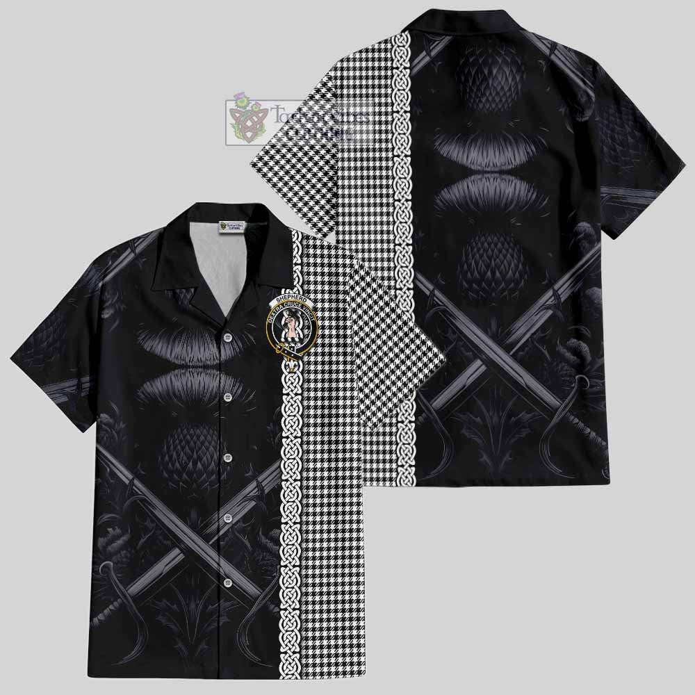 Tartan Vibes Clothing Shepherd Tartan Short Sleeve Button Shirt with Family Crest Cross Sword Thistle Celtic Vibes