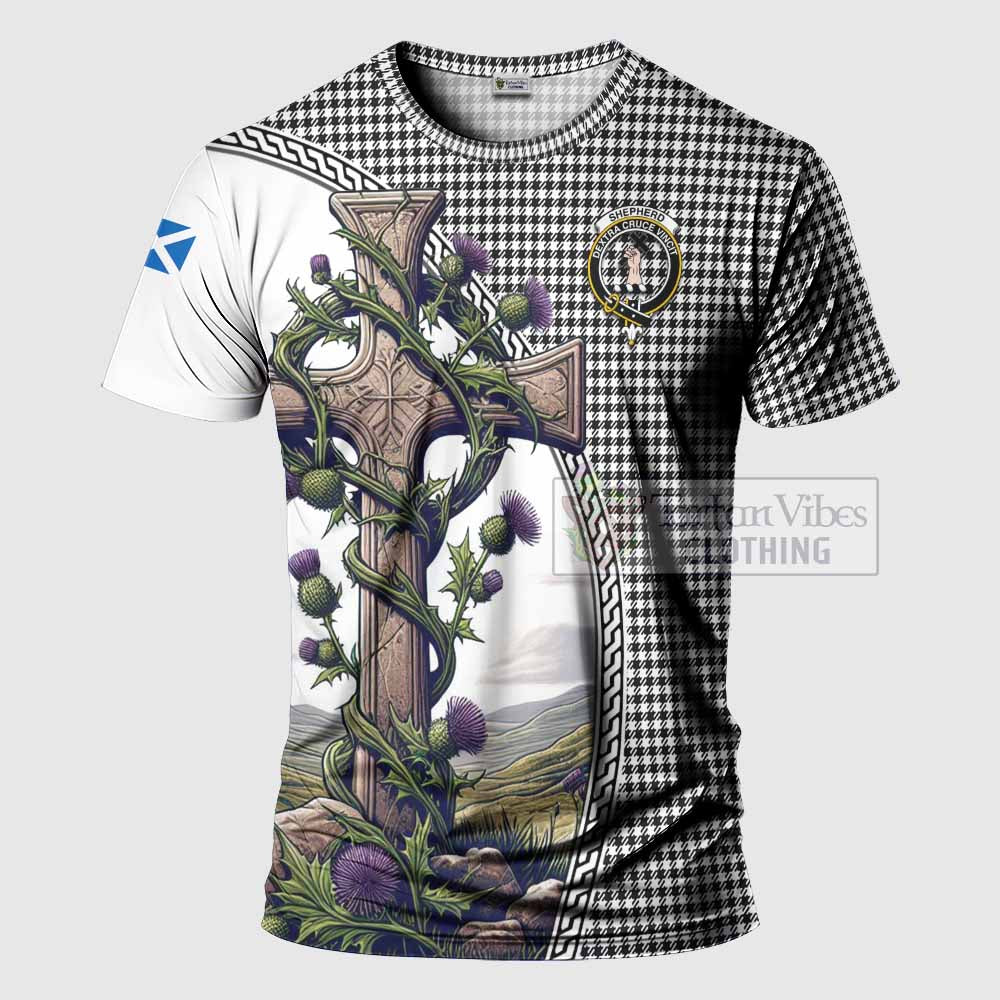 Tartan Vibes Clothing Shepherd Agnew Tartan T-Shirt with Family Crest and St. Andrew's Cross Accented by Thistle Vines