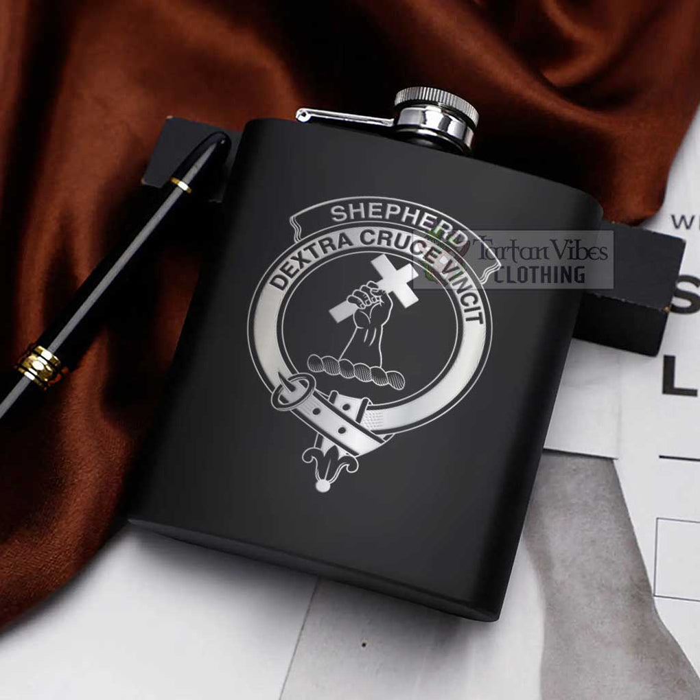 Tartan Vibes Clothing Shepherd Crest Hip Flask Set 7oz Black Stainless Steel with A Gift Box
