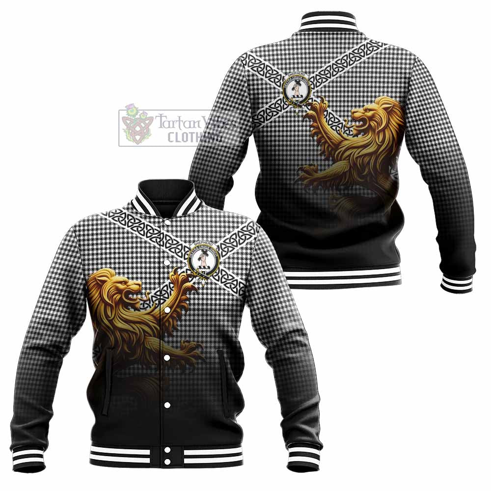 Tartan Vibes Clothing Shepherd Crest Tartan Baseball Jacket with Golden Lion Emblem Celtic Style