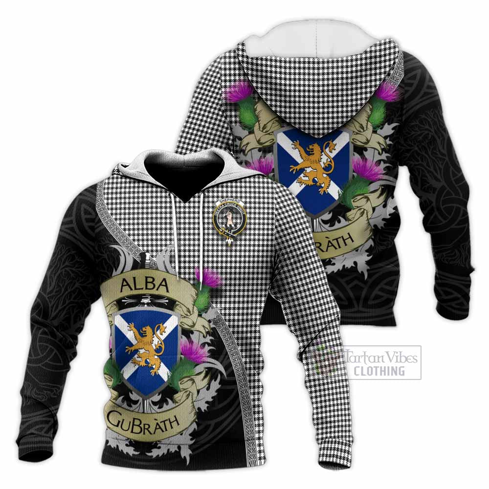 Tartan Vibes Clothing Shepherd Tartan Family Crest Knitted Hoodie Lion Rampant Royal Thistle Shield Celtic Inspired
