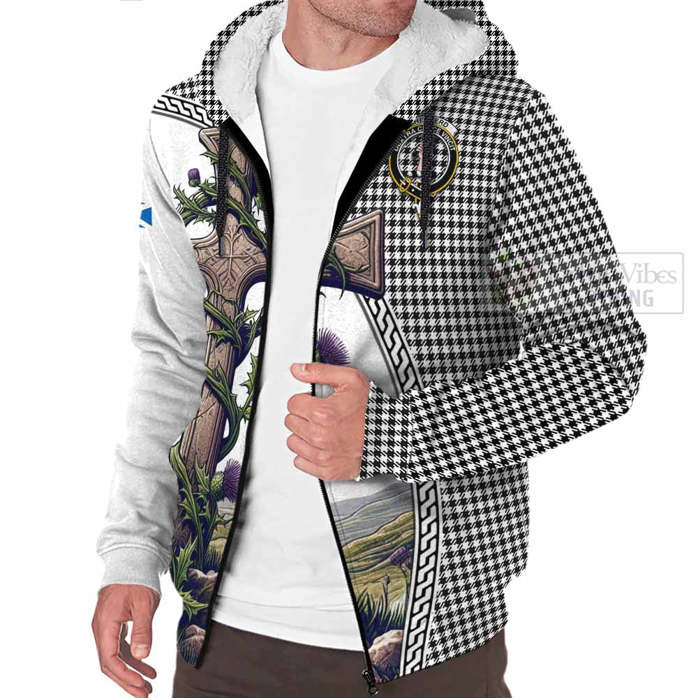 Tartan Vibes Clothing Shepherd Tartan Sherpa Hoodie with Family Crest and St. Andrew's Cross Accented by Thistle Vines