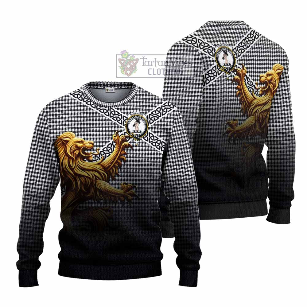 Tartan Vibes Clothing Shepherd Crest Tartan Knitted Sweater with Golden Lion Emblem Celtic Style