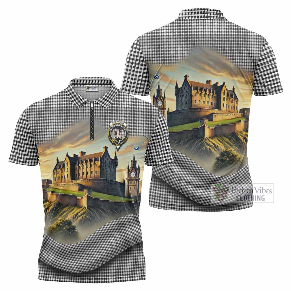 Tartan Vibes Clothing Shepherd Tartan Family Crest Zipper Polo Shirt with Scottish Ancient Castle Stype
