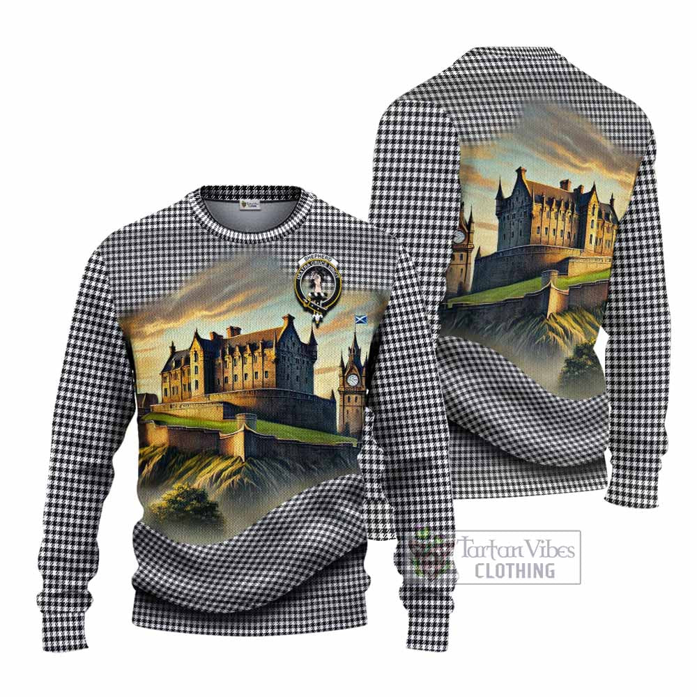 Tartan Vibes Clothing Shepherd Tartan Family Crest Knitted Sweater with Scottish Ancient Castle Style