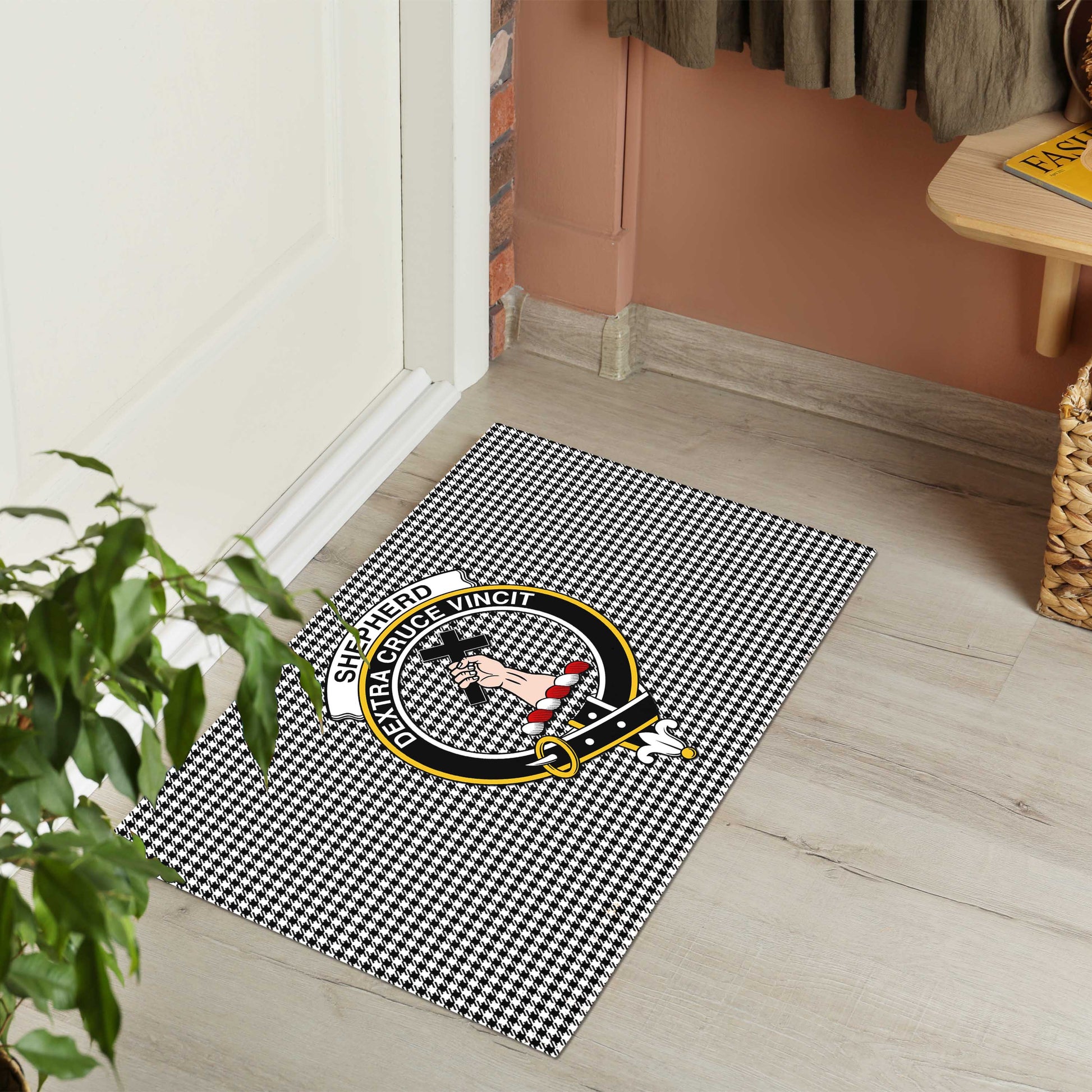 Shepherd Tartan Door Mat with Family Crest - Tartanvibesclothing Shop