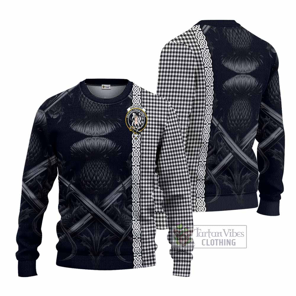 Tartan Vibes Clothing Shepherd Tartan Knitted Sweater with Family Crest Cross Sword Thistle Celtic Vibes