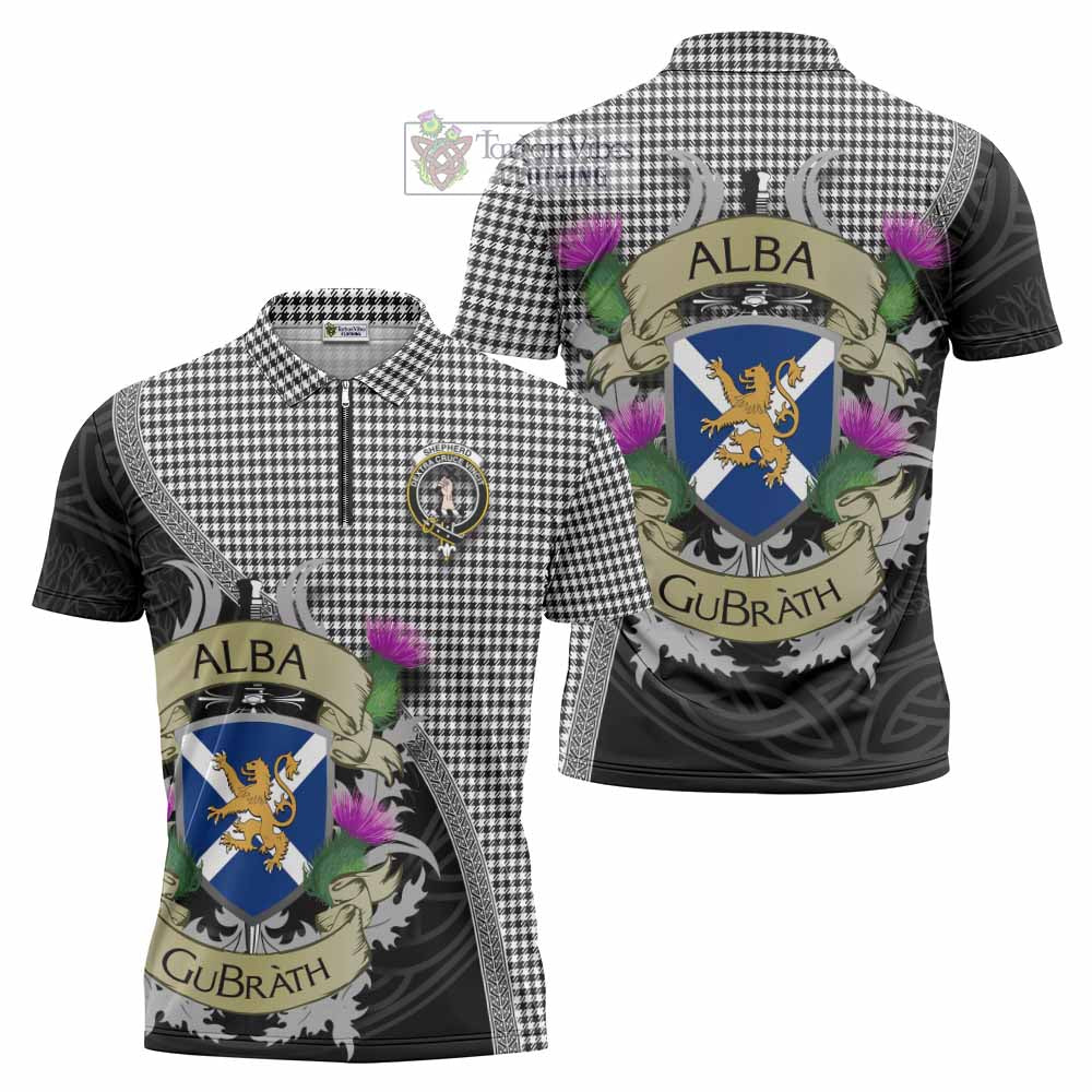 Tartan Vibes Clothing Shepherd Tartan Family Crest Zipper Polo Shirt Lion Rampant Royal Thistle Shield Celtic Inspired