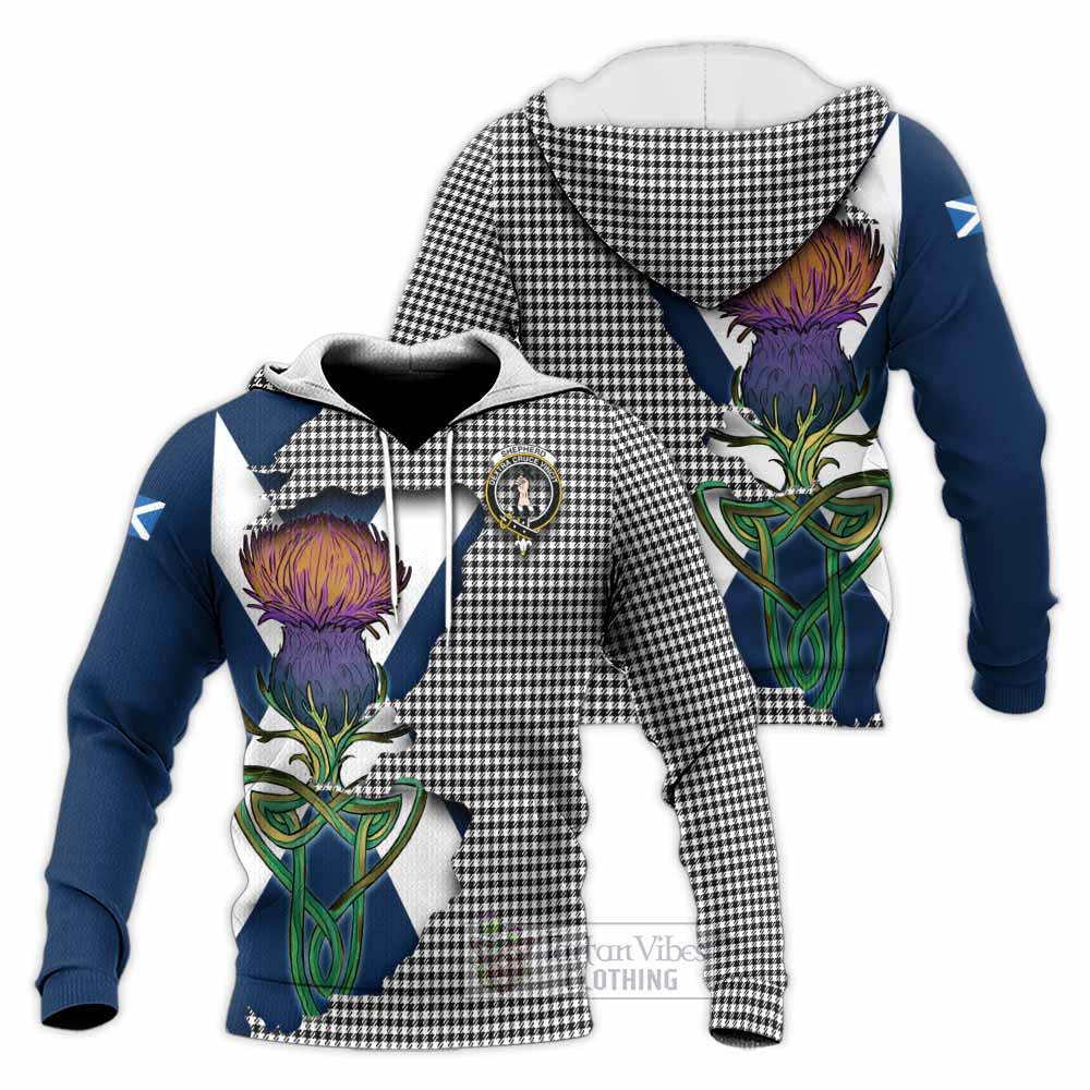 Tartan Vibes Clothing Shepherd Tartan Family Crest Knitted Hoodie Scottish Thistle Celtic Inspired
