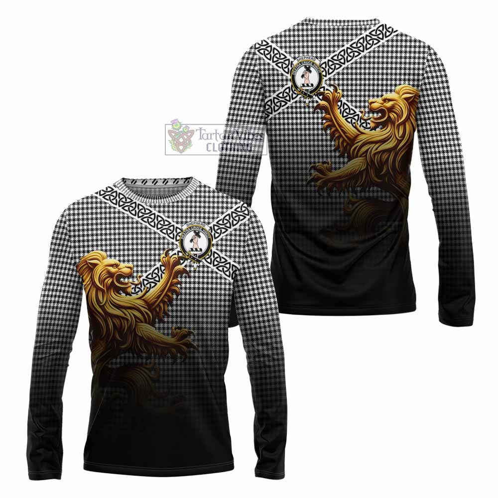 Tartan Vibes Clothing Shepherd Crest Tartan Long Sleeve T-Shirt with Golden Lion Emblem Celtic Style