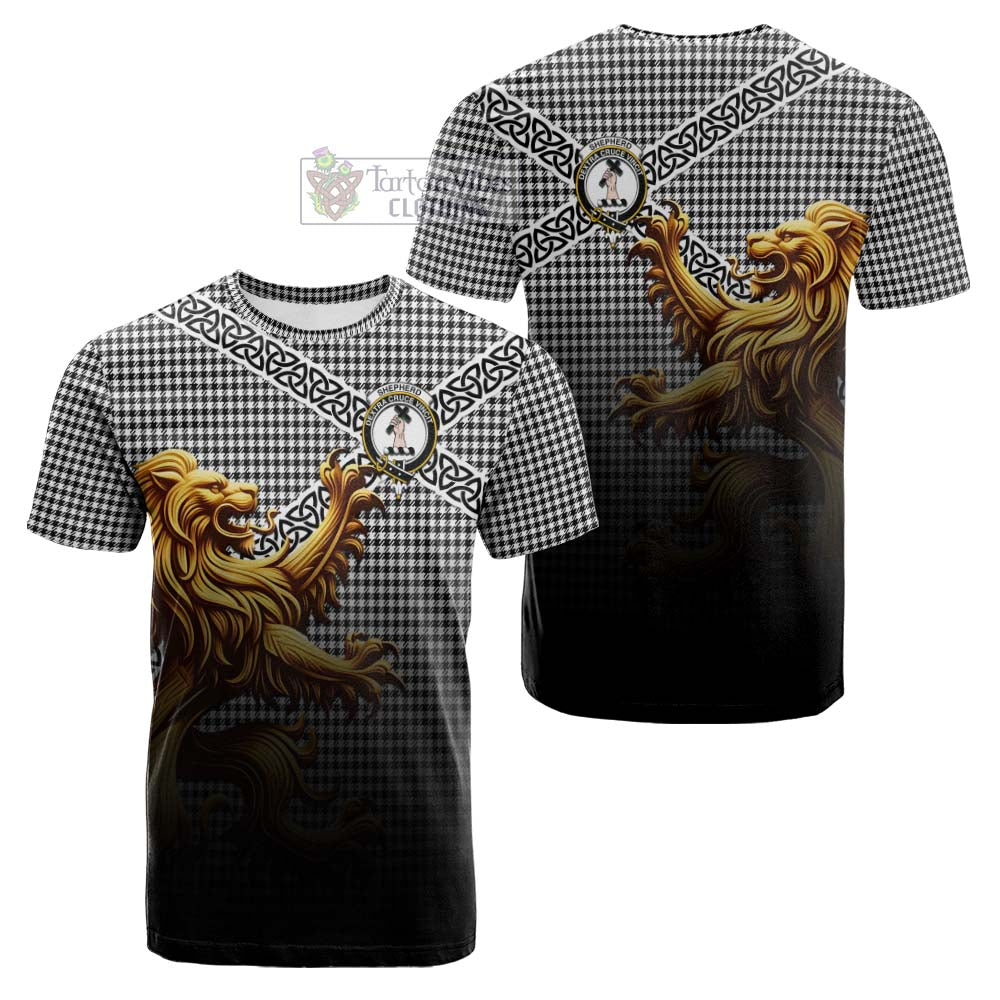 Tartan Vibes Clothing Shepherd Crest Tartan Cotton T-shirt with Golden Lion Emblem Celtic Style