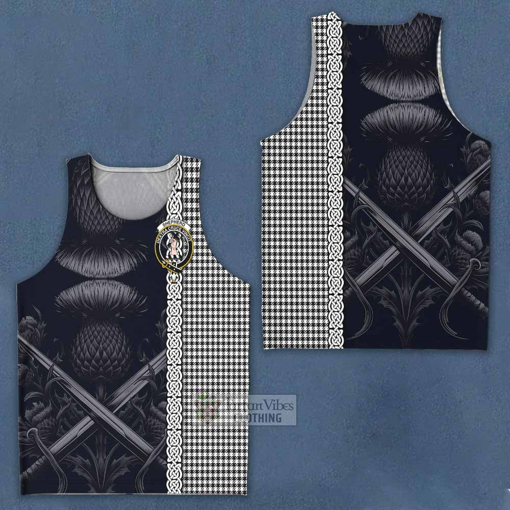 Tartan Vibes Clothing Shepherd Tartan Men's Tank Top with Family Crest Cross Sword Thistle Celtic Vibes