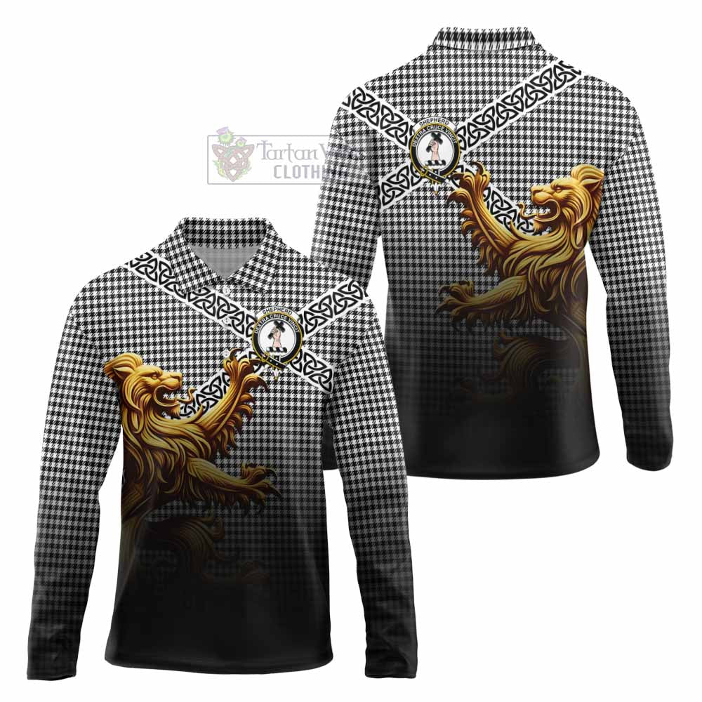 Tartan Vibes Clothing Shepherd Crest Tartan Long Sleeve Polo Shirt with Golden Lion Emblem Celtic Style
