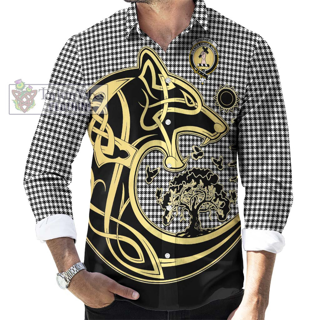 Shepherd Tartan Long Sleeve Button Shirt with Family Crest Celtic Wolf Style - Tartan Vibes Clothing