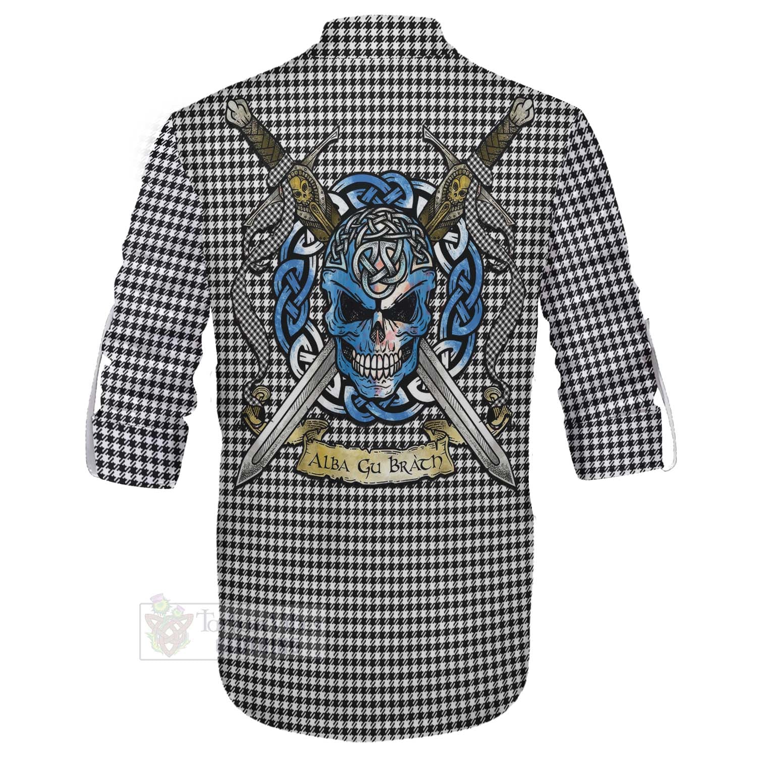 Tartan Vibes Clothing Shepherd Tartan Ghillie Kilt Shirt with Family Crest Celtic Skull Style