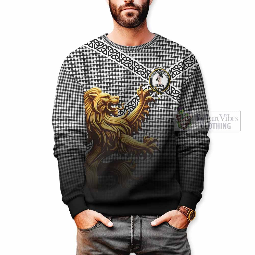 Tartan Vibes Clothing Shepherd Crest Tartan Sweatshirt with Golden Lion Emblem Celtic Style