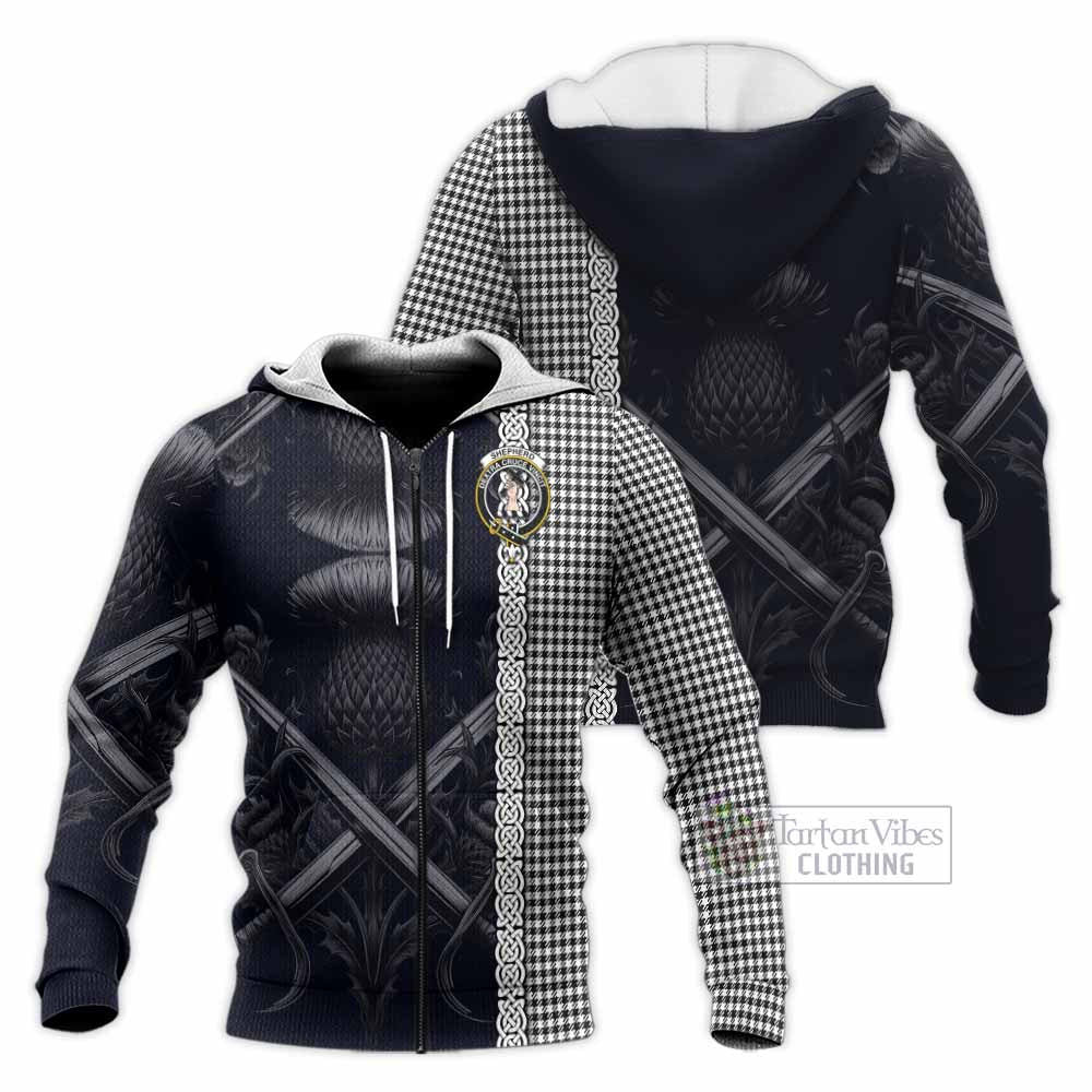 Tartan Vibes Clothing Shepherd Tartan Knitted Hoodie with Family Crest Cross Sword Thistle Celtic Vibes