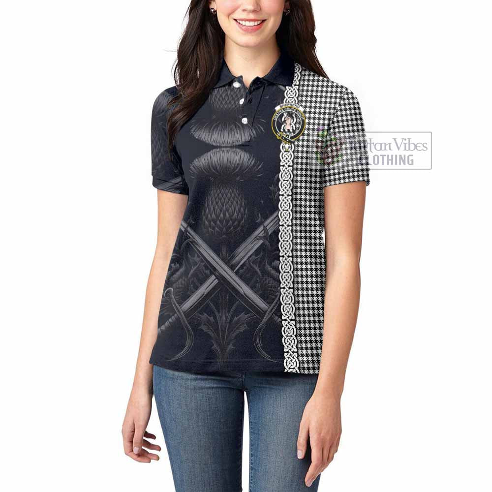 Tartan Vibes Clothing Shepherd Tartan Women's Polo Shirt with Family Crest Cross Sword Thistle Celtic Vibes