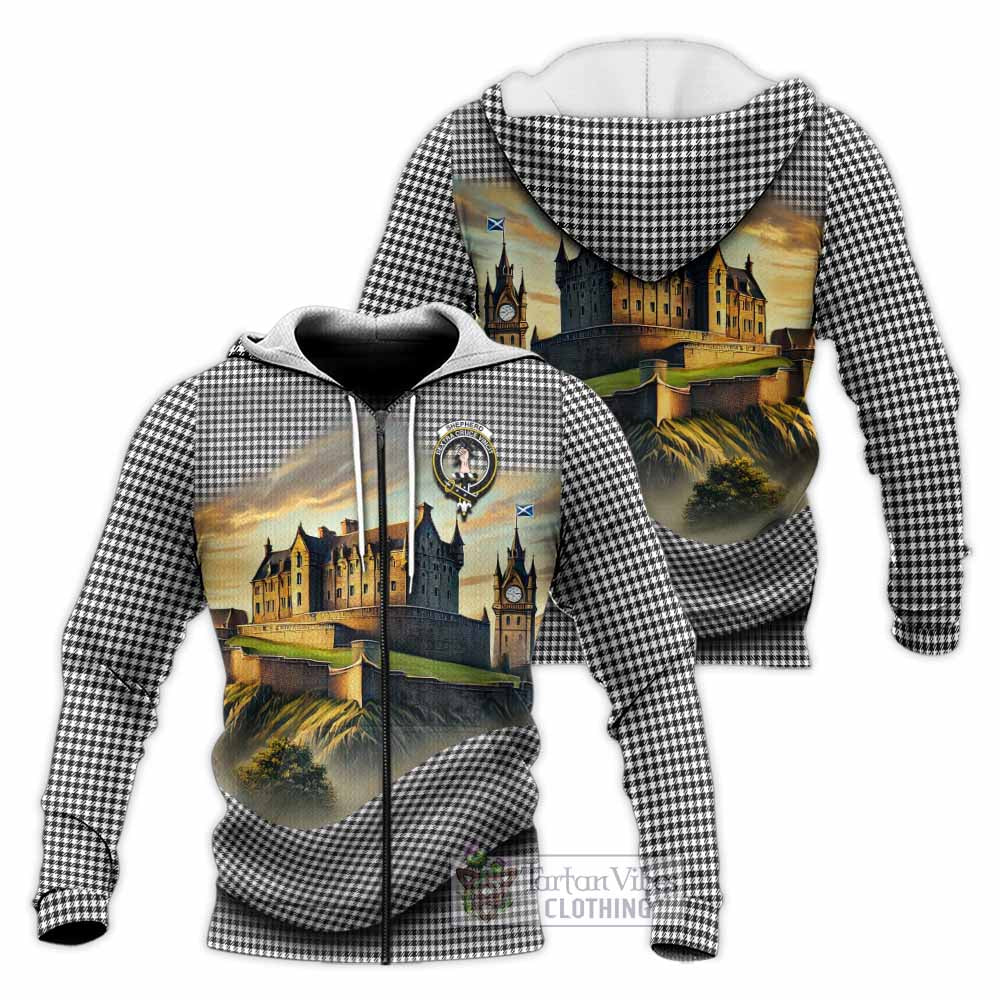 Tartan Vibes Clothing Shepherd Tartan Family Crest Knitted Hoodie with Scottish Ancient Castle Style