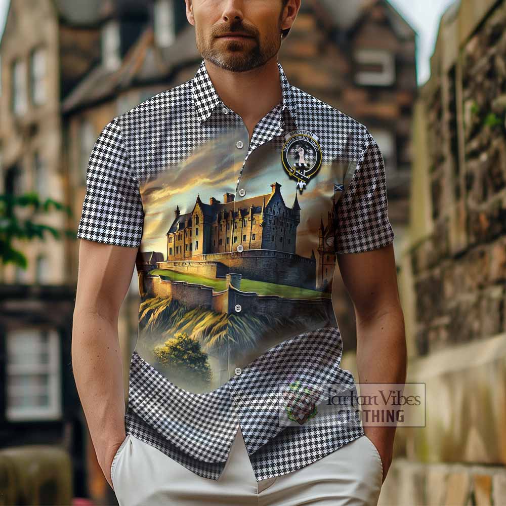 Tartan Vibes Clothing Shepherd Tartan Family Crest Short Sleeve Button Shirt with Scottish Ancient Castle Style