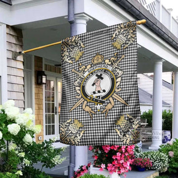 Shepherd Tartan Garden Flag with Family Crest and Golden Thistle Crossed Sword Design