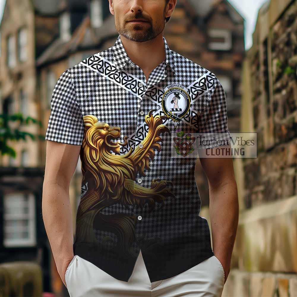 Tartan Vibes Clothing Shepherd Crest Tartan Short Sleeve Button Shirt with Golden Lion Emblem Celtic Style