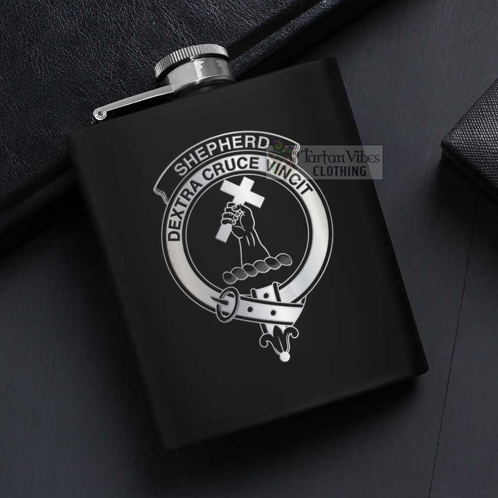 Tartan Vibes Clothing Shepherd Crest Hip Flask Set 7oz Black Stainless Steel with A Gift Box
