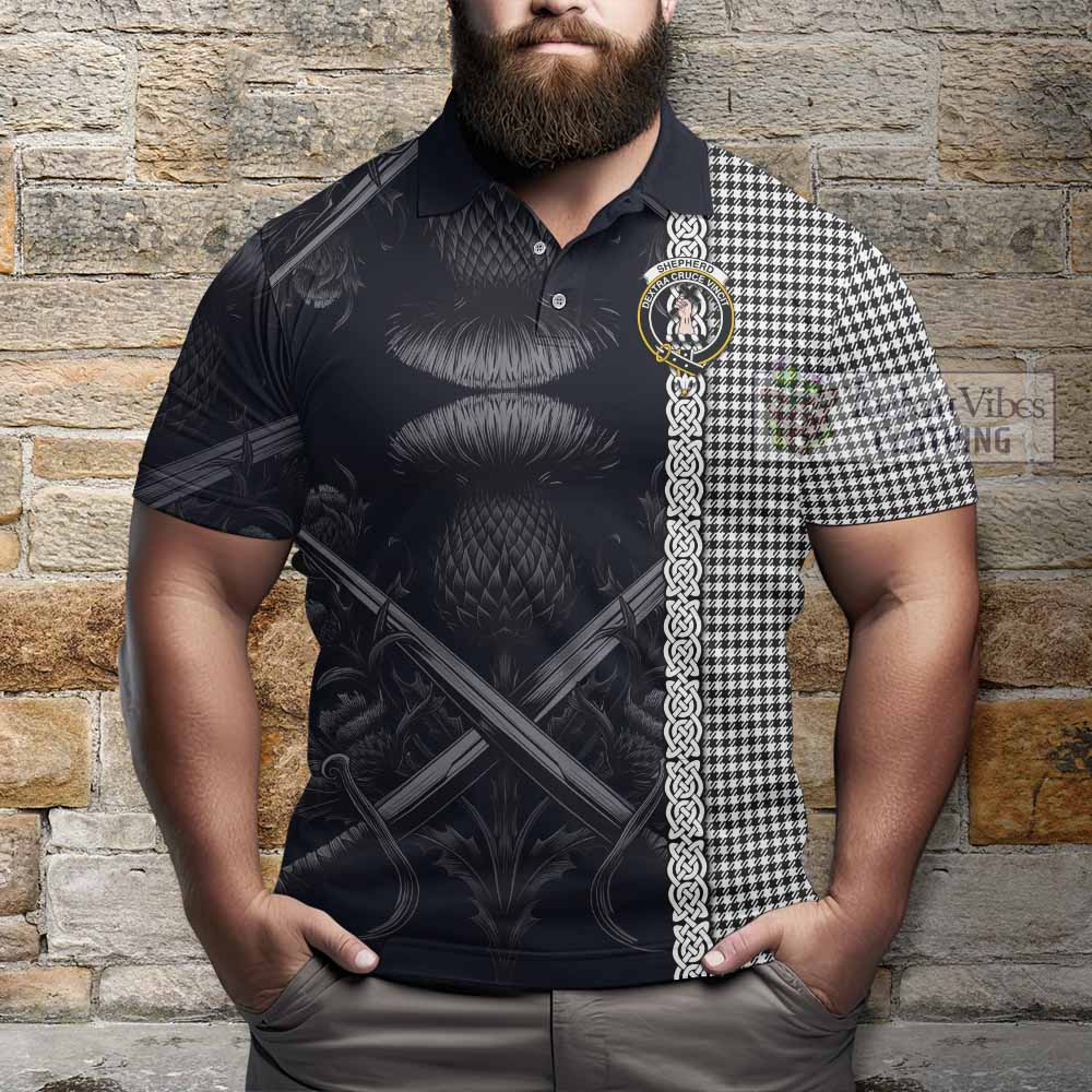 Tartan Vibes Clothing Shepherd Tartan Polo Shirt with Family Crest Cross Sword Thistle Celtic Vibes