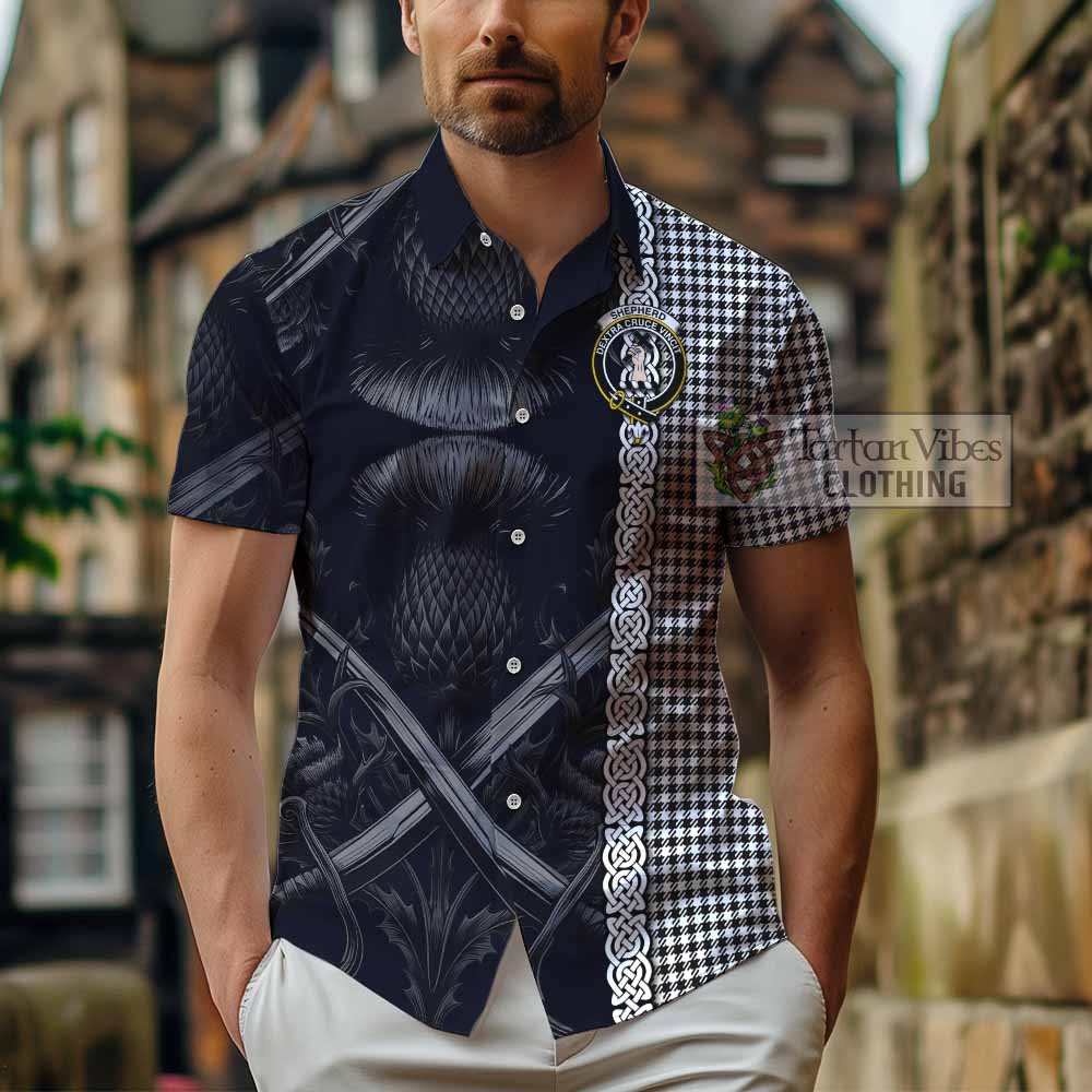 Tartan Vibes Clothing Shepherd Tartan Short Sleeve Button Shirt with Family Crest Cross Sword Thistle Celtic Vibes