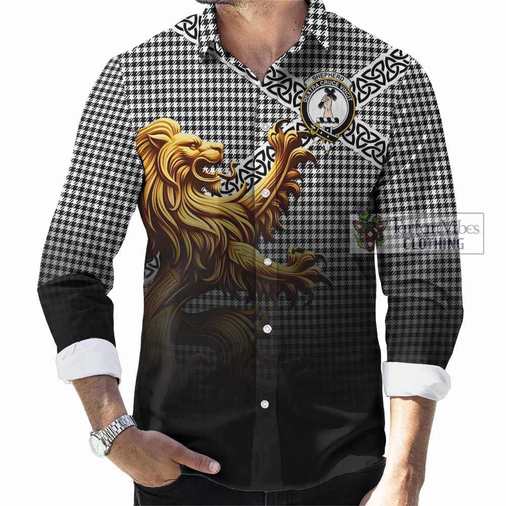 Tartan Vibes Clothing Shepherd Crest Tartan Long Sleeve Button Shirt with Golden Lion Emblem Celtic Style