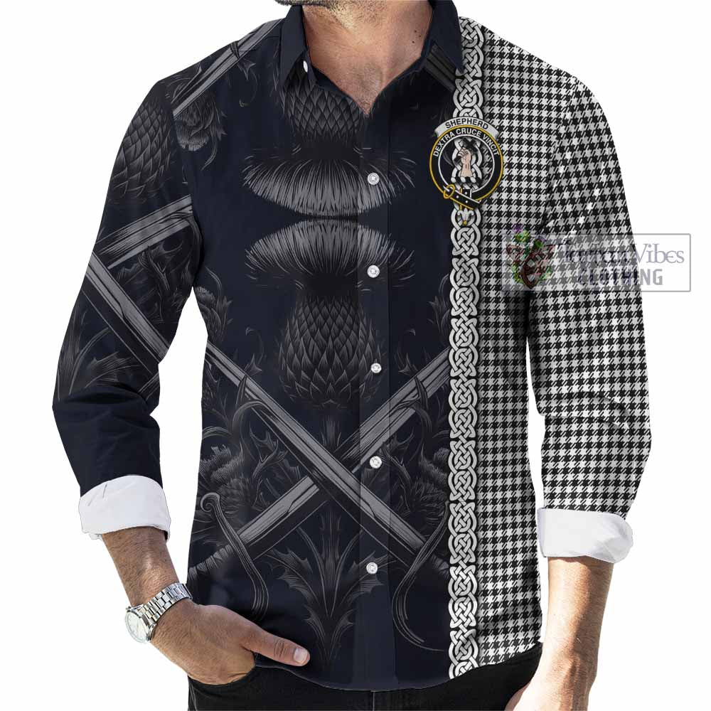 Tartan Vibes Clothing Shepherd Tartan Long Sleeve Button Shirt with Family Crest Cross Sword Thistle Celtic Vibes