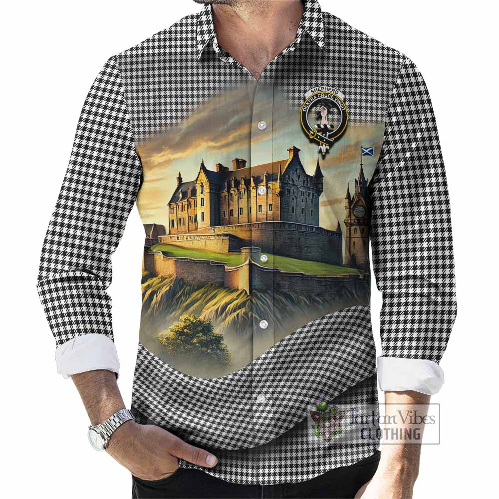 Tartan Vibes Clothing Shepherd Tartan Family Crest Long Sleeve Button Shirt with Scottish Ancient Castle Style