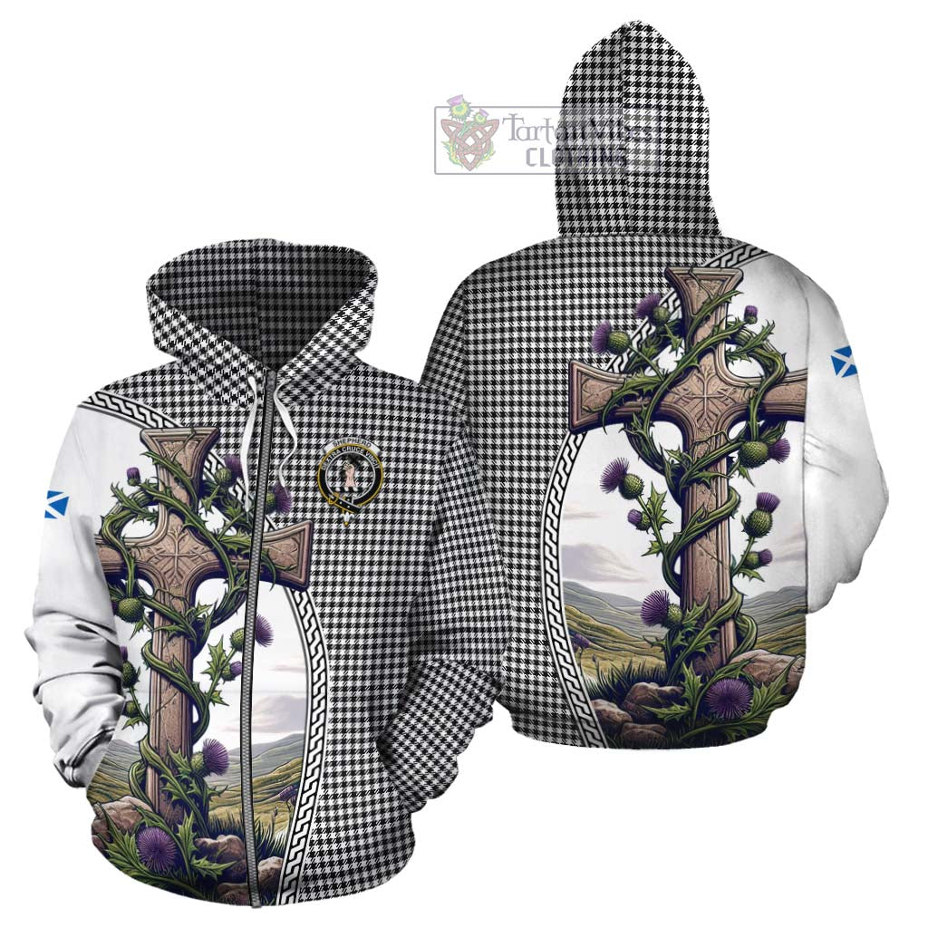 Tartan Vibes Clothing Shepherd Tartan Cotton Hoodie with Family Crest and St. Andrew's Cross Accented by Thistle Vines