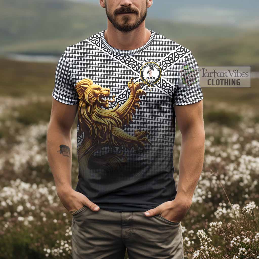 Tartan Vibes Clothing Shepherd Crest Tartan T-Shirt with Golden Lion Emblem Celtic Style