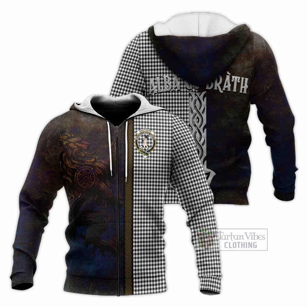 Tartan Vibes Clothing Shepherd Tartan Family Crest Knitted Hoodie Alba Gu Brath Be Brave Lion Ancient Style