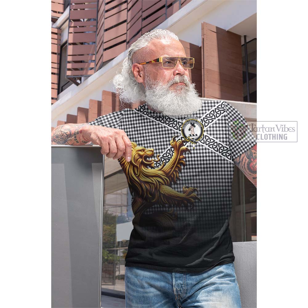 Tartan Vibes Clothing Shepherd Crest Tartan Cotton T-shirt with Golden Lion Emblem Celtic Style