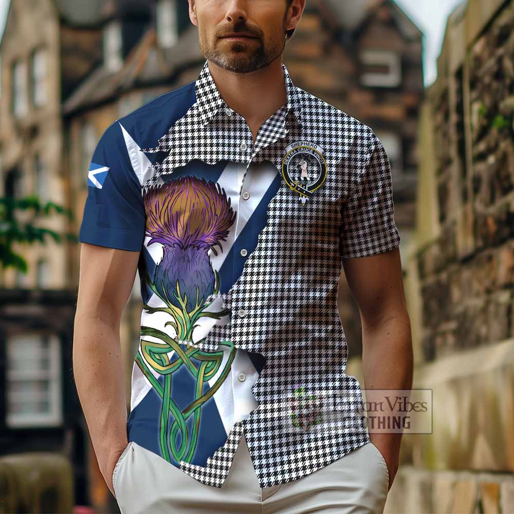 Tartan Vibes Clothing Shepherd Tartan Family Crest Short Sleeve Button Shirt Scottish Thistle Celtic Inspired