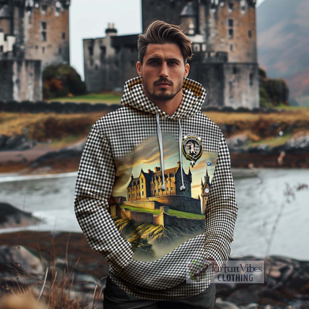 Tartan Vibes Clothing Shepherd Tartan Family Crest Cotton Hoodie with Scottish Ancient Castle Style