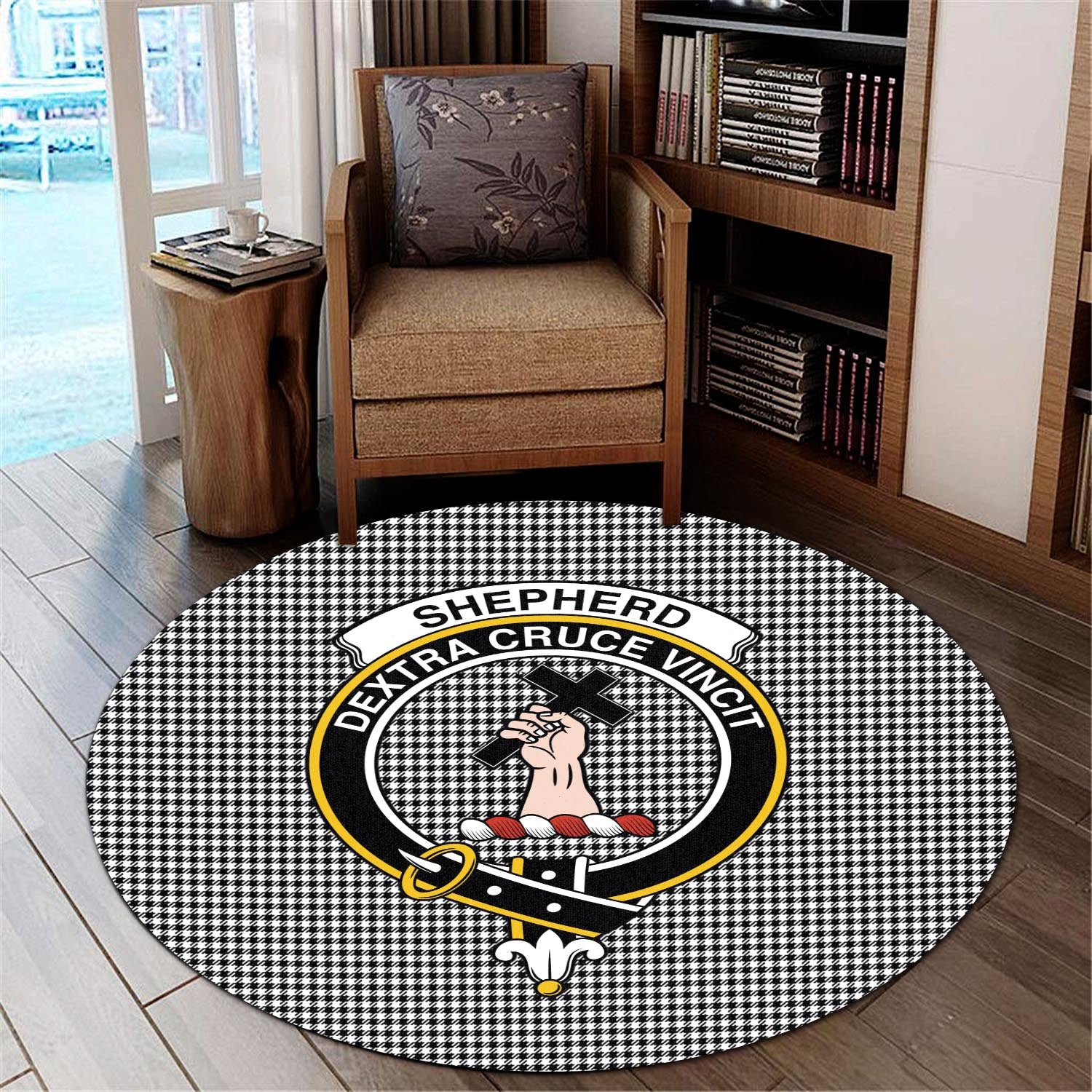 shepherd-tartan-round-rug-with-family-crest