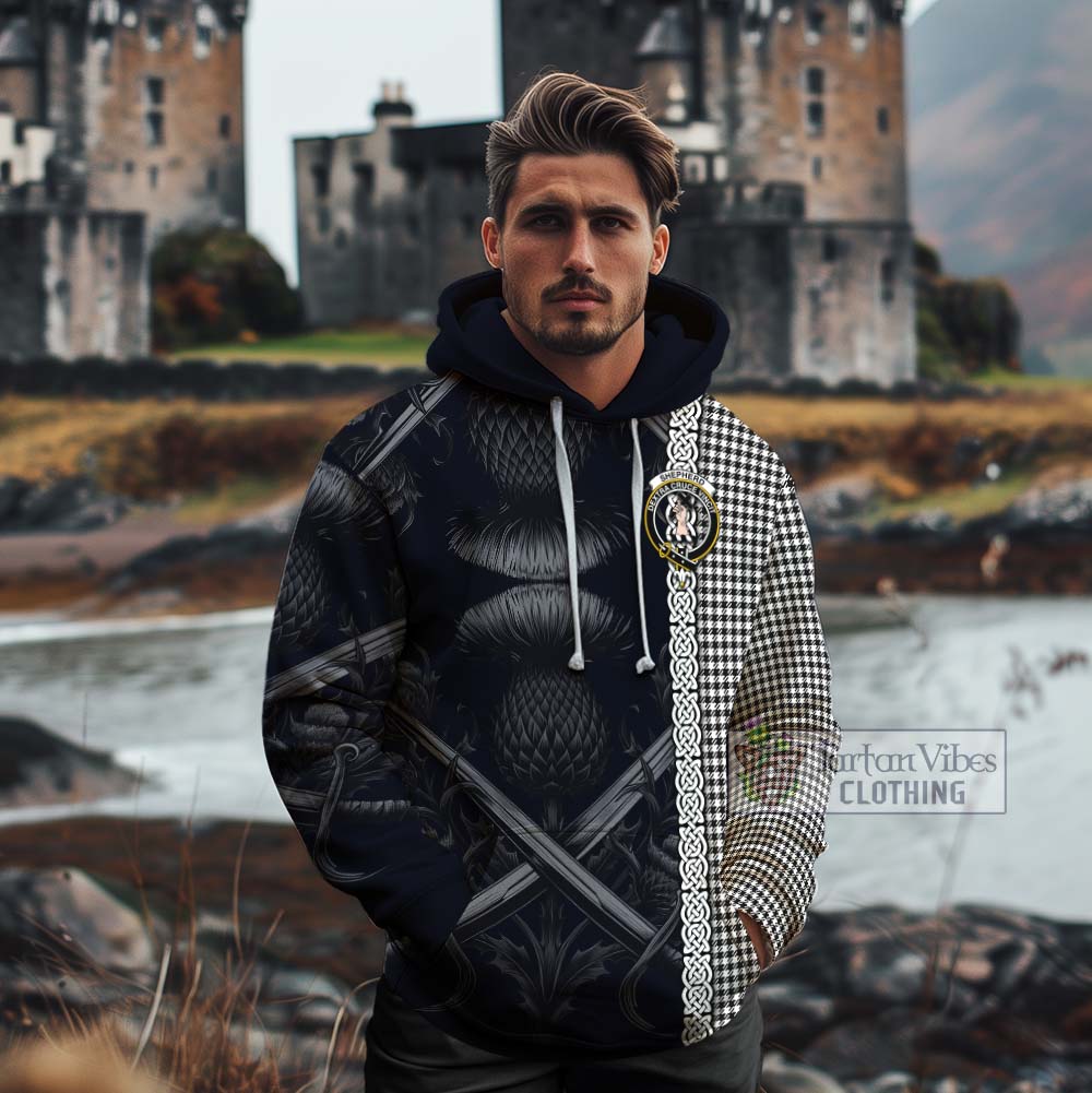 Tartan Vibes Clothing Shepherd Tartan Cotton Hoodie with Family Crest Cross Sword Thistle Celtic Vibes