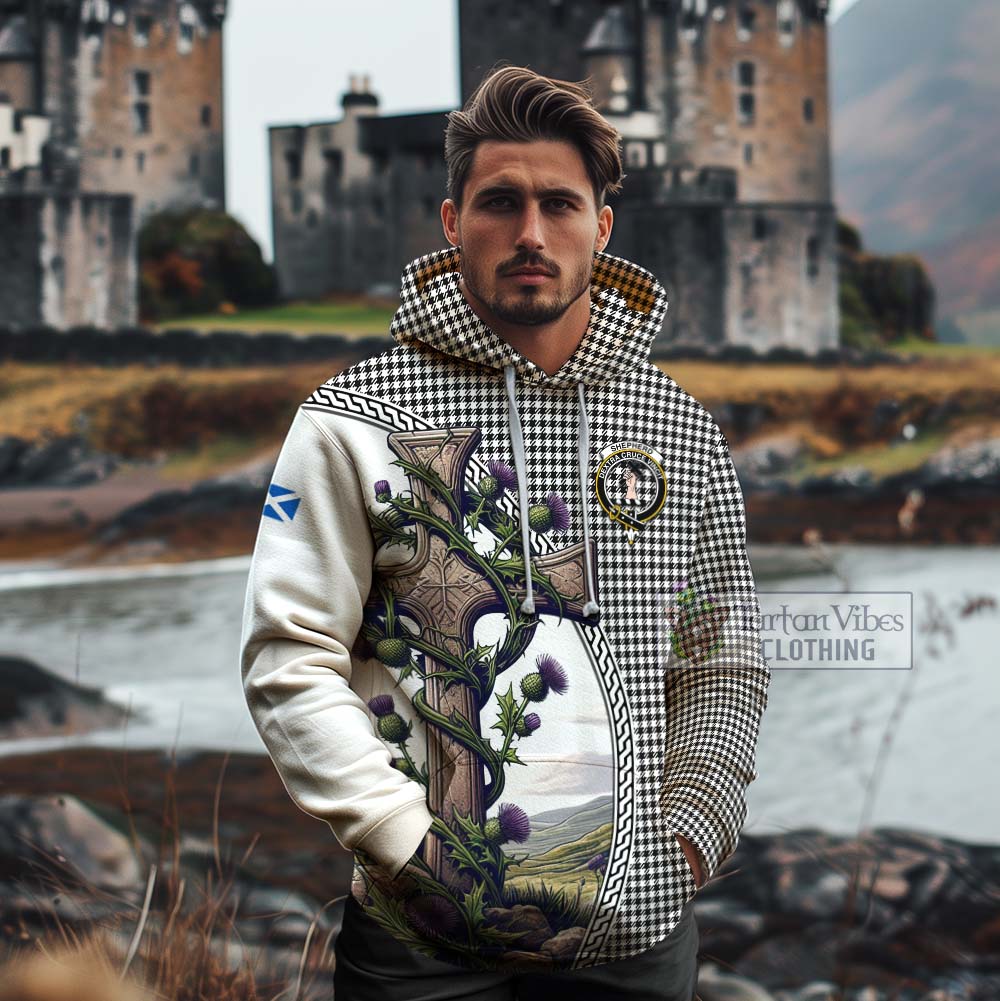 Tartan Vibes Clothing Shepherd Tartan Cotton Hoodie with Family Crest and St. Andrew's Cross Accented by Thistle Vines
