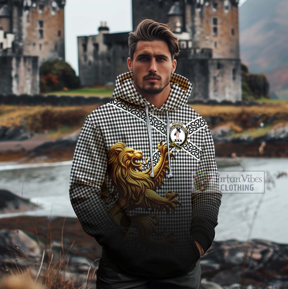 Tartan Vibes Clothing Shepherd Crest Tartan Cotton Hoodie with Golden Lion Emblem Celtic Style
