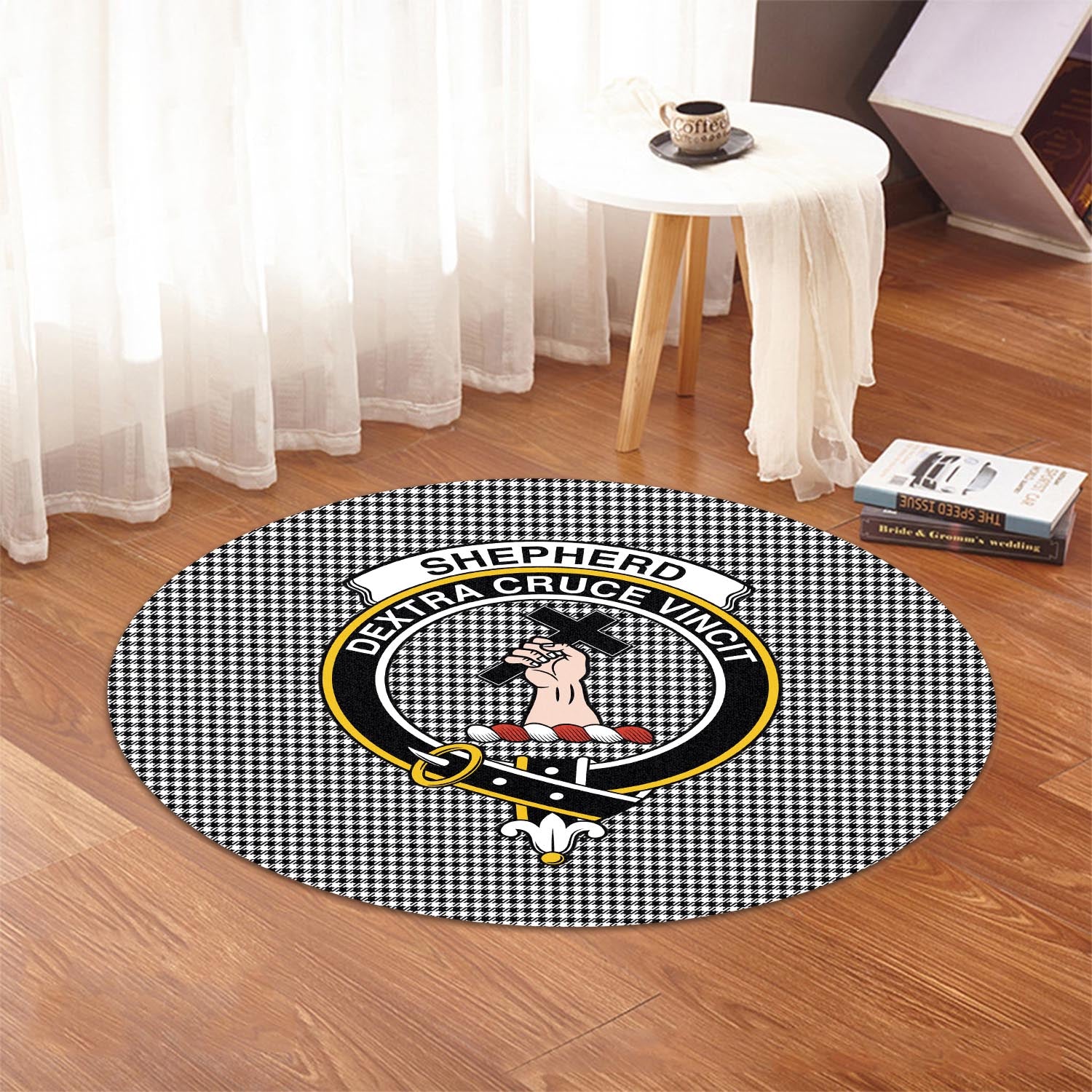 shepherd-tartan-round-rug-with-family-crest