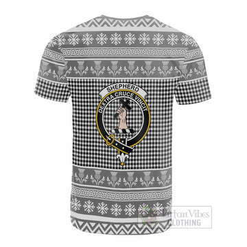 Shepherd Clan Tartan Christmas Cotton T-shirt with Family Crest