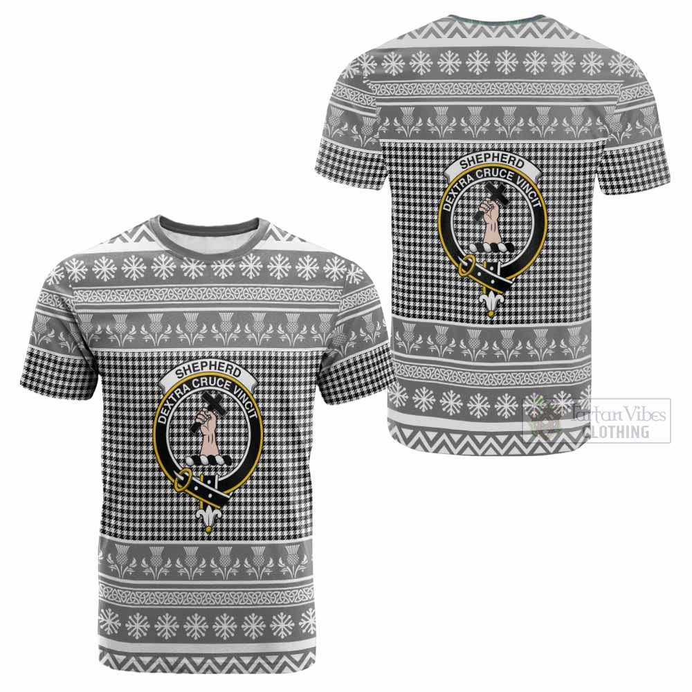 Shepherd Clan Tartan Christmas Cotton T-shirt with Family Crest - Tartan Vibes Clothing